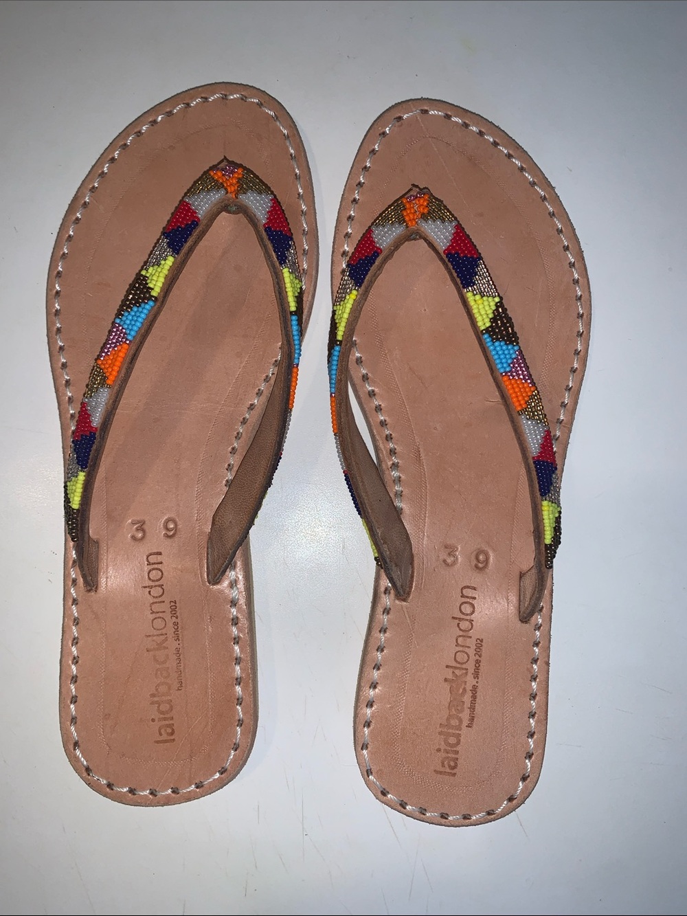 Laidback London Beaded Multicolor Leather Flip Flops - Women